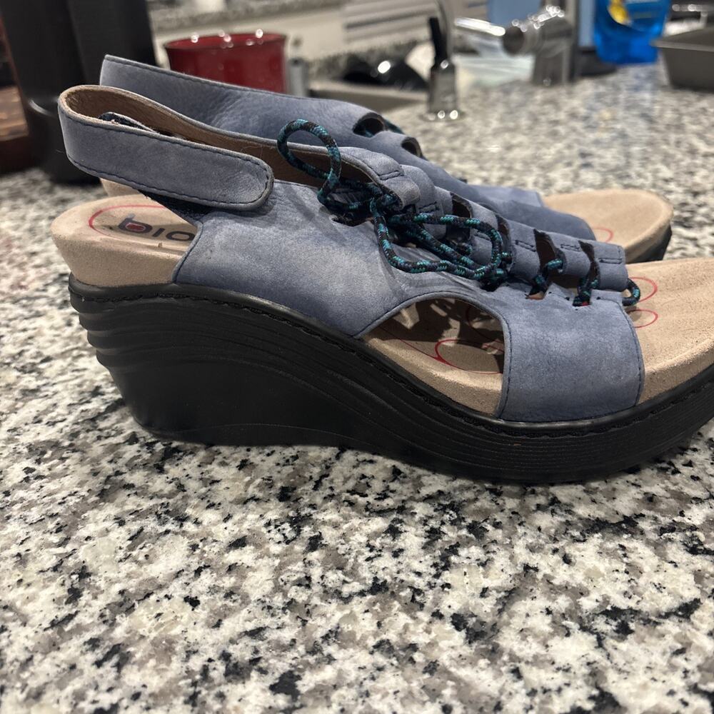 Bionica Womens Sirus Platform Wedge Lace up Sandal US 8.5Blue Suede Leather Boho